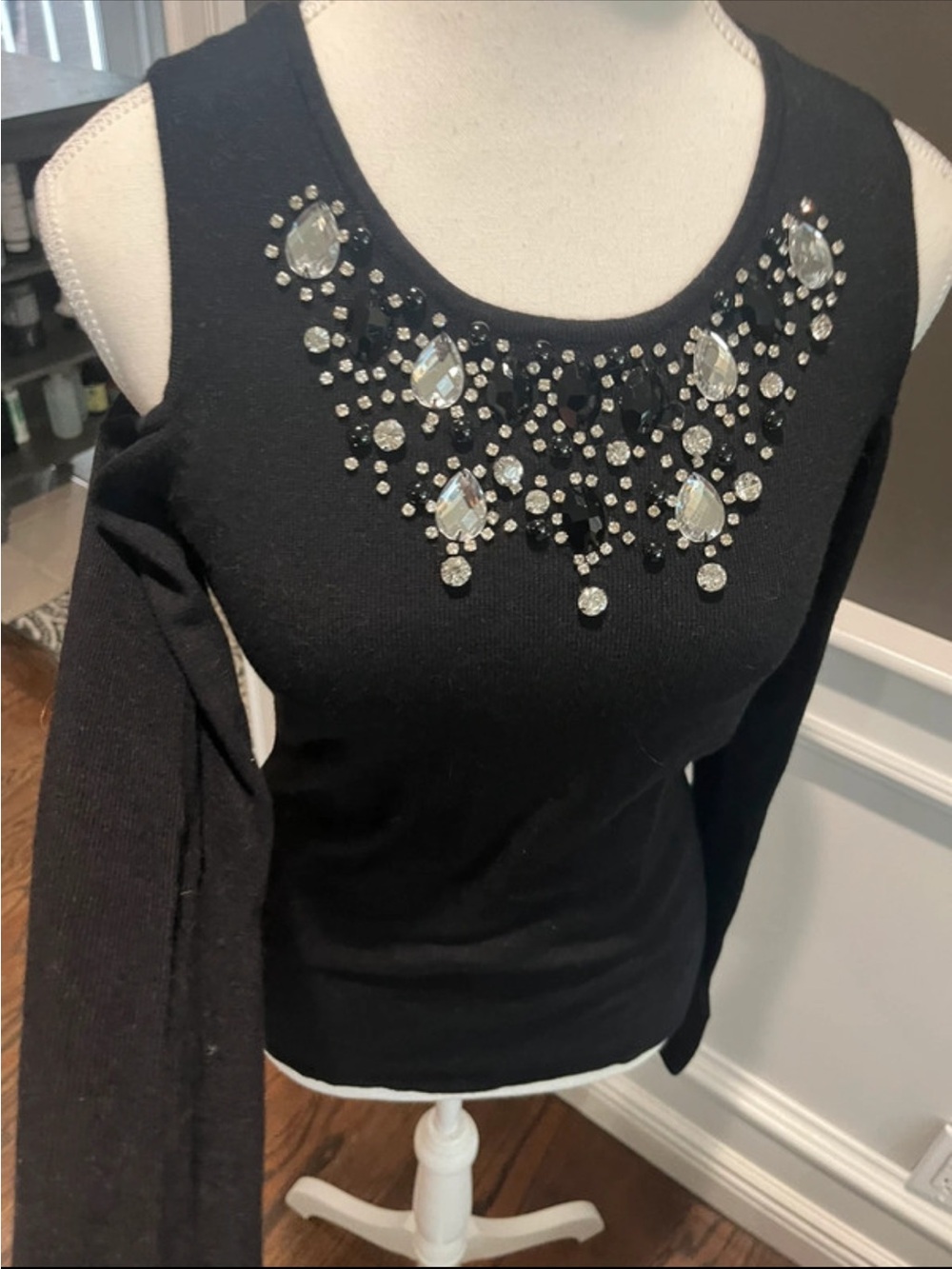 Black Cold-Shoulder Long Sleeve Top with Crystal Neck Embellishment